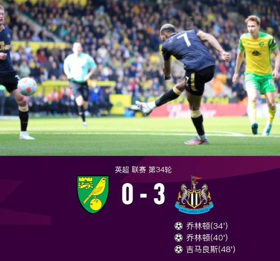 纽卡大胜诺维奇3-0，乔林顿双响与<a href='https://www.guolingyin168.com/news/tag/1083238/p/1.html' style='color: blue;'>吉马良斯</a>传射建功